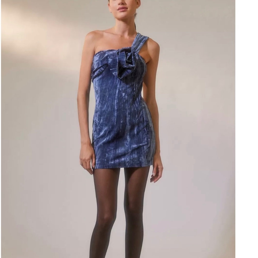 NEW Urban Outfitters UO Dahlia Rosette Velvet Mini Party Dress Slate Blue Grey L